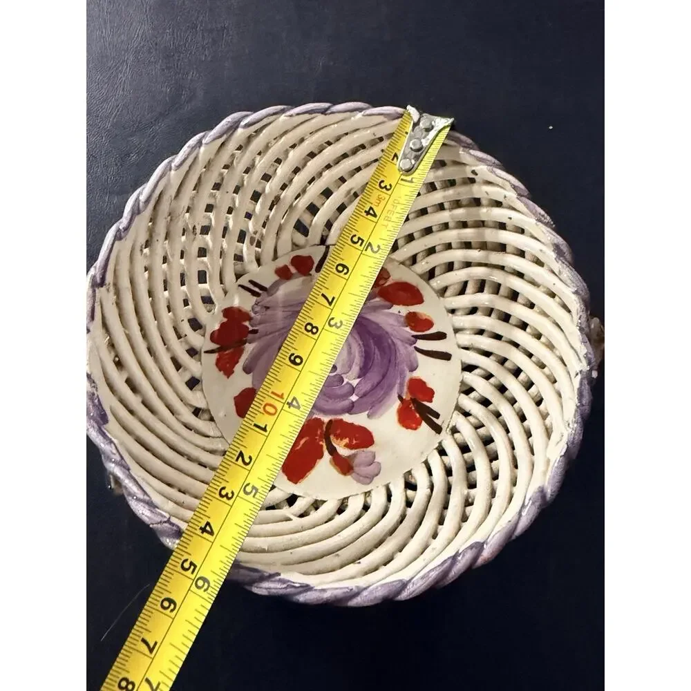 Vintage Spain HandPainted Openwork Pottery Basket Floral Rose Bowl Cottage Decor